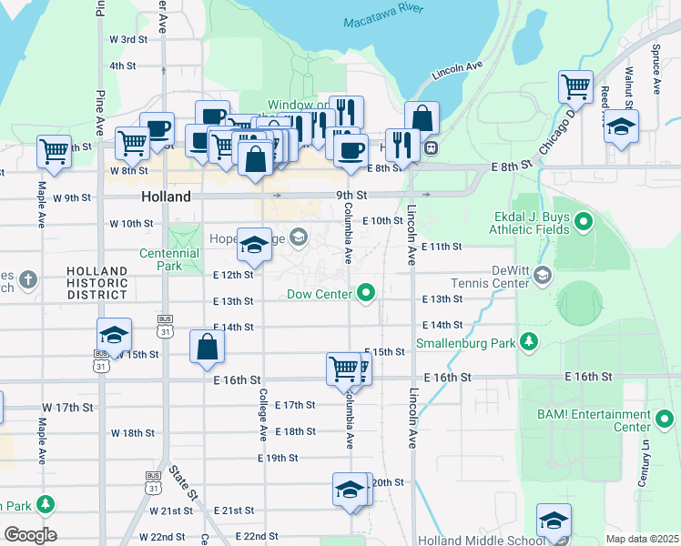 map of restaurants, bars, coffee shops, grocery stores, and more near 141 East 12th Street in Holland