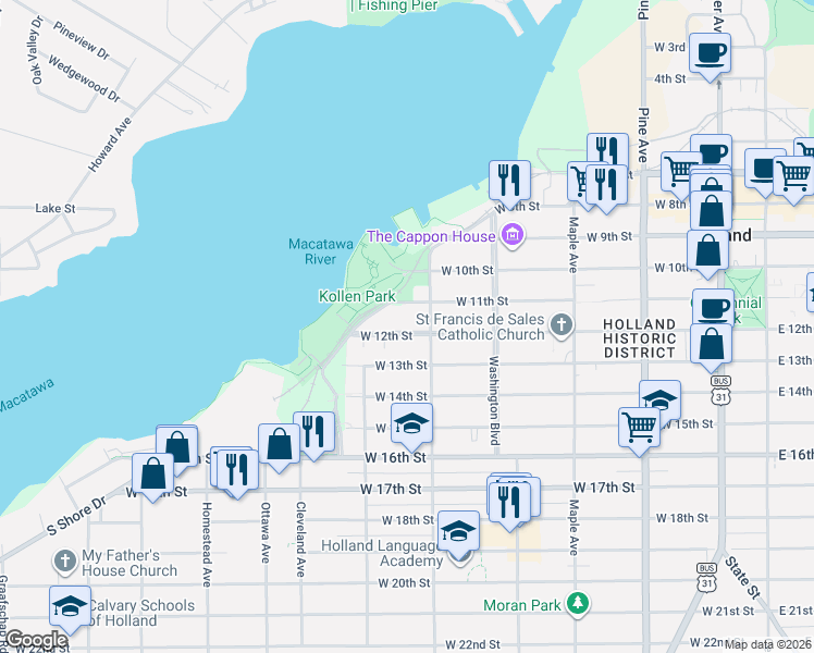map of restaurants, bars, coffee shops, grocery stores, and more near 303 West 12th Street in Holland