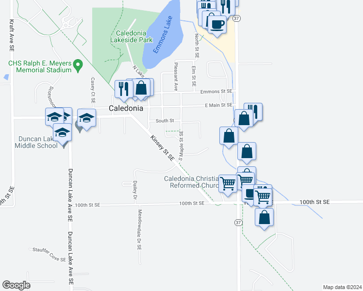 map of restaurants, bars, coffee shops, grocery stores, and more near 261 South Maple Street Southeast in Caledonia