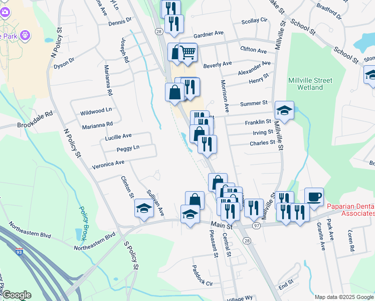 map of restaurants, bars, coffee shops, grocery stores, and more near Salem Rail Trail in Salem