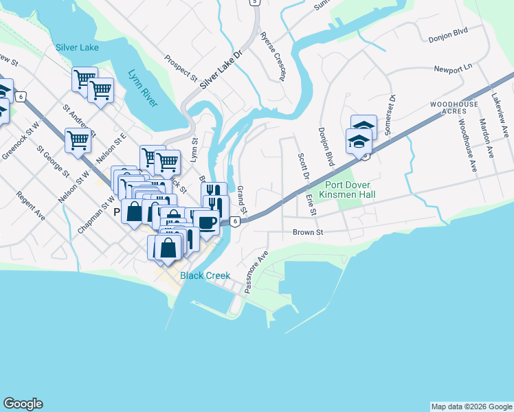 map of restaurants, bars, coffee shops, grocery stores, and more near 4-15 Old Hamilton Road in Port Dover