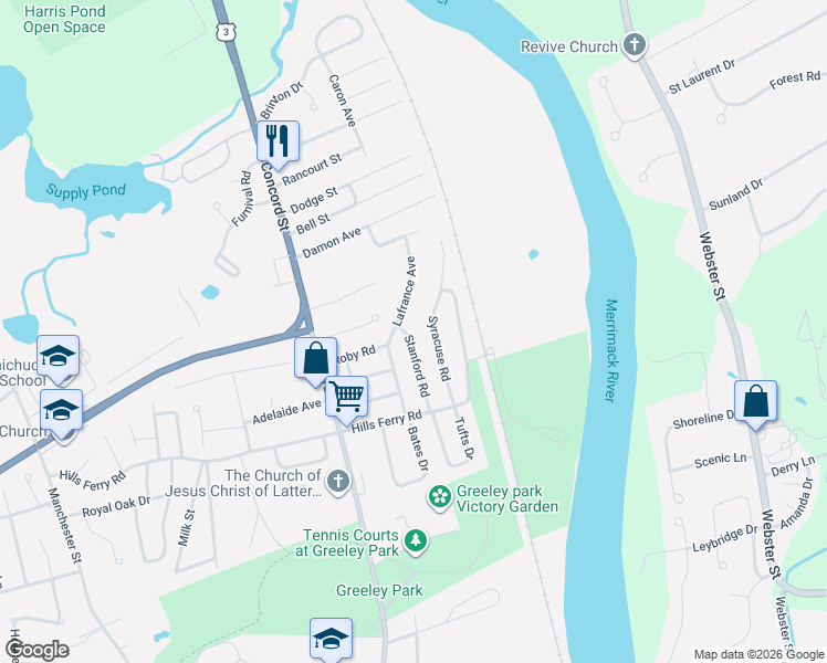 map of restaurants, bars, coffee shops, grocery stores, and more near 7 Lafrance Avenue in Nashua