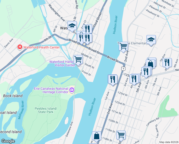 map of restaurants, bars, coffee shops, grocery stores, and more near 5 First Street in Waterford