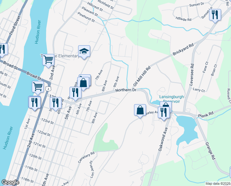 map of restaurants, bars, coffee shops, grocery stores, and more near 43 Northern Drive in Troy