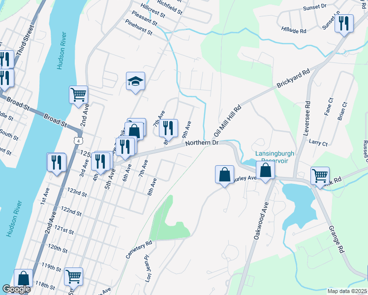 map of restaurants, bars, coffee shops, grocery stores, and more near 43 Northern Drive in Troy