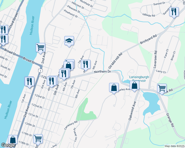 map of restaurants, bars, coffee shops, grocery stores, and more near 43 Northern Drive in Troy