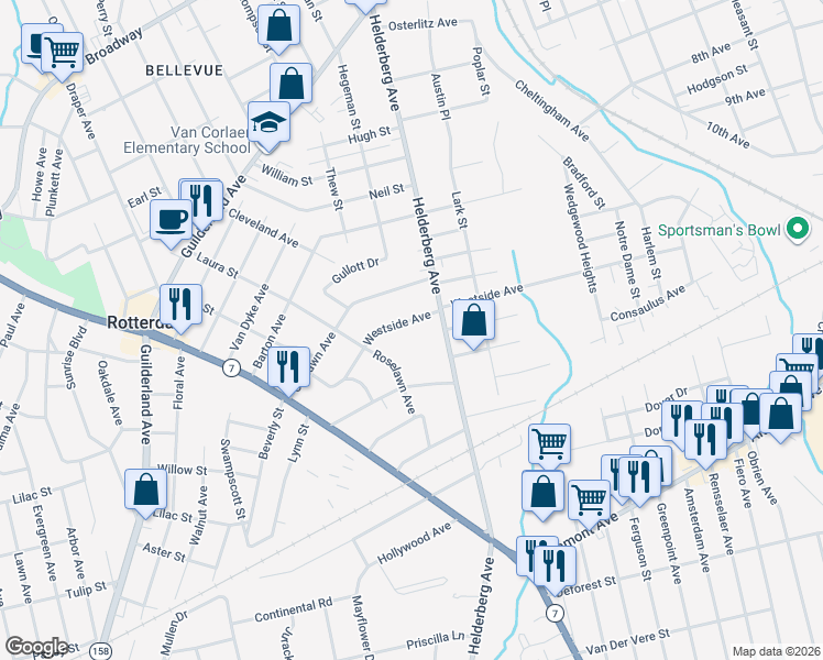 map of restaurants, bars, coffee shops, grocery stores, and more near 2019 Westside Avenue in Rotterdam