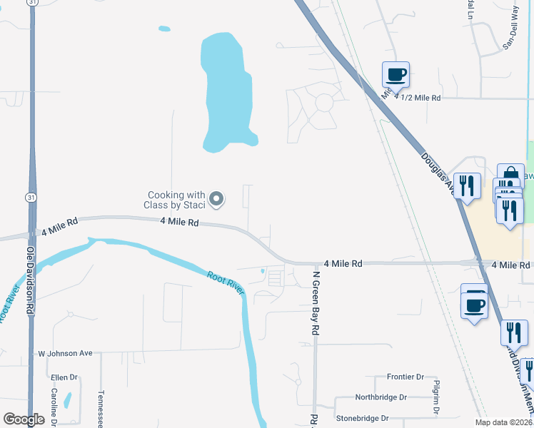 map of restaurants, bars, coffee shops, grocery stores, and more near 3516 4 Mile Road in Racine