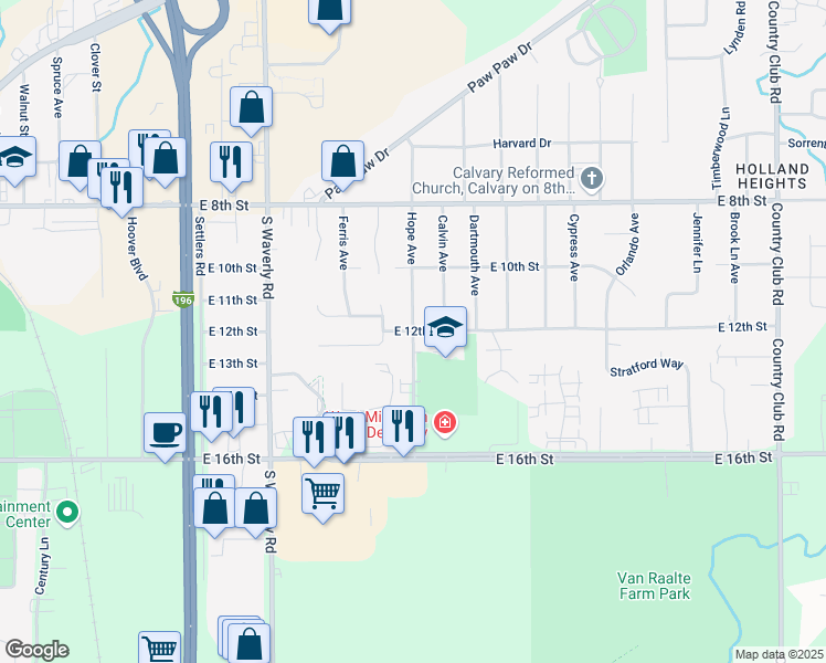 map of restaurants, bars, coffee shops, grocery stores, and more near 287 Hope Avenue in Holland