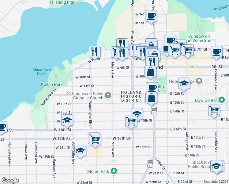 map of restaurants, bars, coffee shops, grocery stores, and more near 268 Maple Avenue in Holland