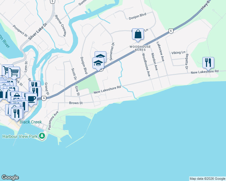 map of restaurants, bars, coffee shops, grocery stores, and more near 38 New Lake Shore Road in Port Dover