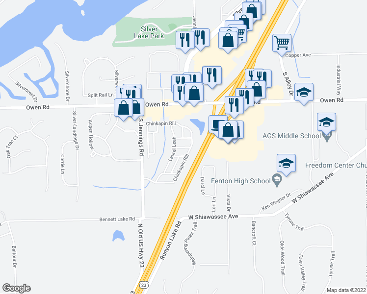 map of restaurants, bars, coffee shops, grocery stores, and more near 156 Shummard Branch in Fenton