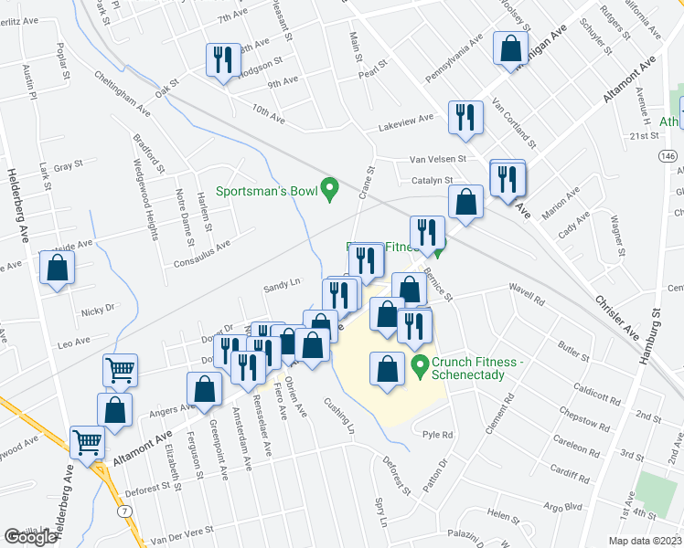 map of restaurants, bars, coffee shops, grocery stores, and more near 1736 Crane Street in Schenectady