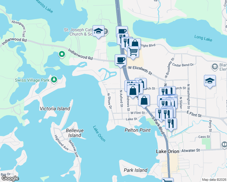 map of restaurants, bars, coffee shops, grocery stores, and more near 363 West Church Street in Orion charter Township