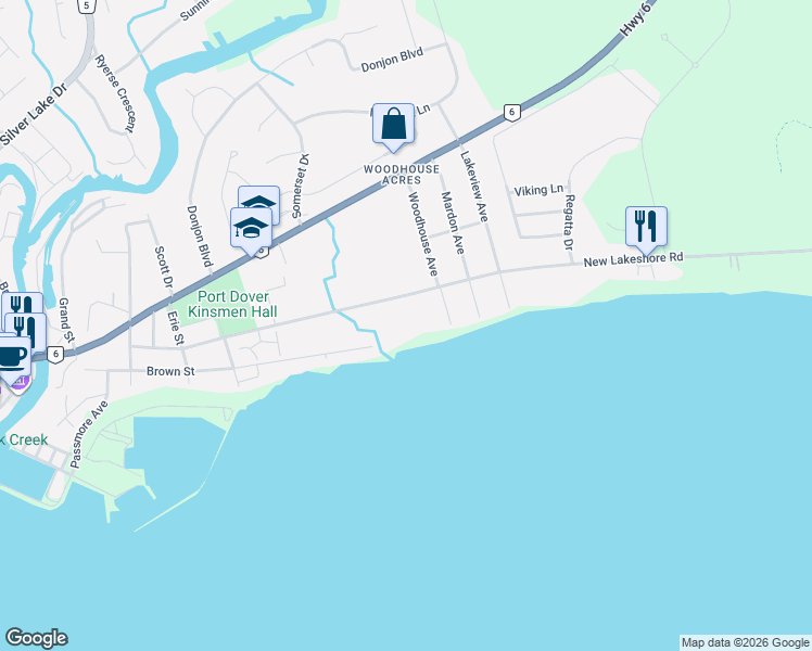 map of restaurants, bars, coffee shops, grocery stores, and more near 80 New Lake Shore Road in Port Dover