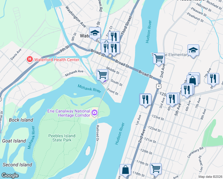 map of restaurants, bars, coffee shops, grocery stores, and more near 9 Second Street in Waterford