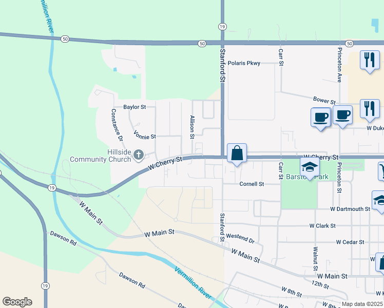 map of restaurants, bars, coffee shops, grocery stores, and more near 701 Allison Street in Vermillion