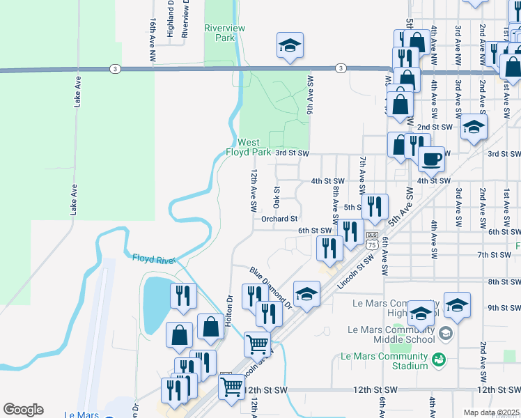 map of restaurants, bars, coffee shops, grocery stores, and more near 416 12th Avenue Southwest in Le Mars