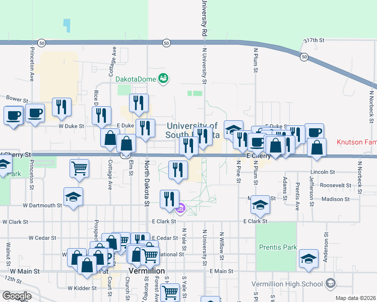 map of restaurants, bars, coffee shops, grocery stores, and more near 426 E Cherry St in Vermillion