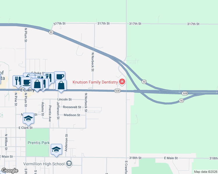 map of restaurants, bars, coffee shops, grocery stores, and more near 1604 East Cherry Street in Vermillion