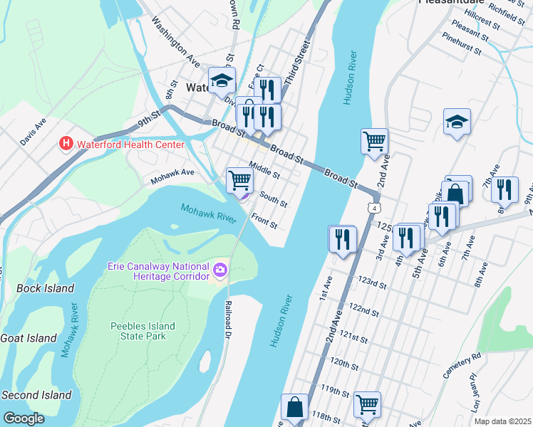 map of restaurants, bars, coffee shops, grocery stores, and more near 9 Second Street in Waterford