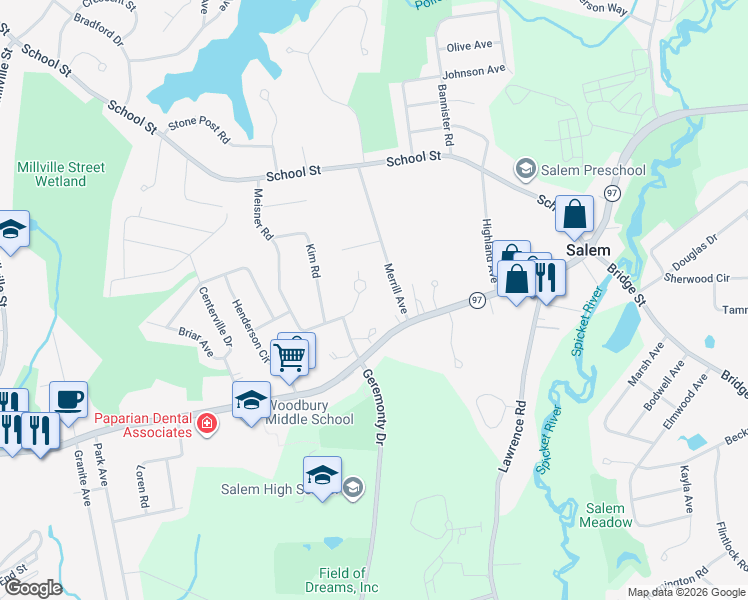 map of restaurants, bars, coffee shops, grocery stores, and more near 11 Merrill Avenue in Salem