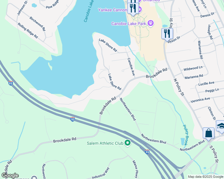 map of restaurants, bars, coffee shops, grocery stores, and more near 8 Lake Shore Road in Salem