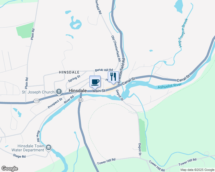 map of restaurants, bars, coffee shops, grocery stores, and more near 5 High Street in Hinsdale