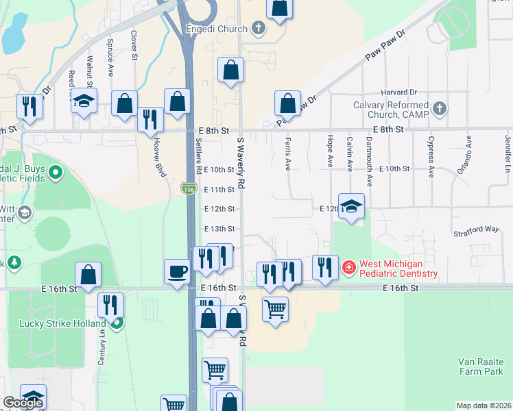 map of restaurants, bars, coffee shops, grocery stores, and more near 722 North Meadow Drive in Holland
