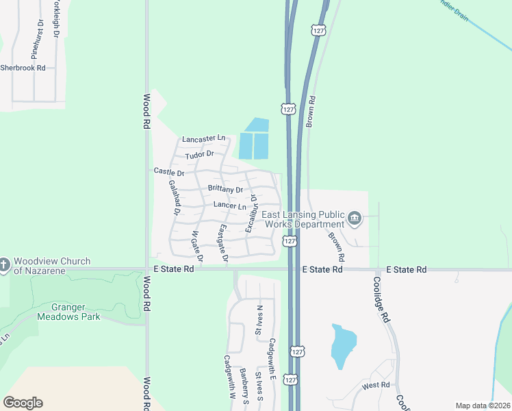 map of restaurants, bars, coffee shops, grocery stores, and more near 524 Excalibur Drive in Lansing