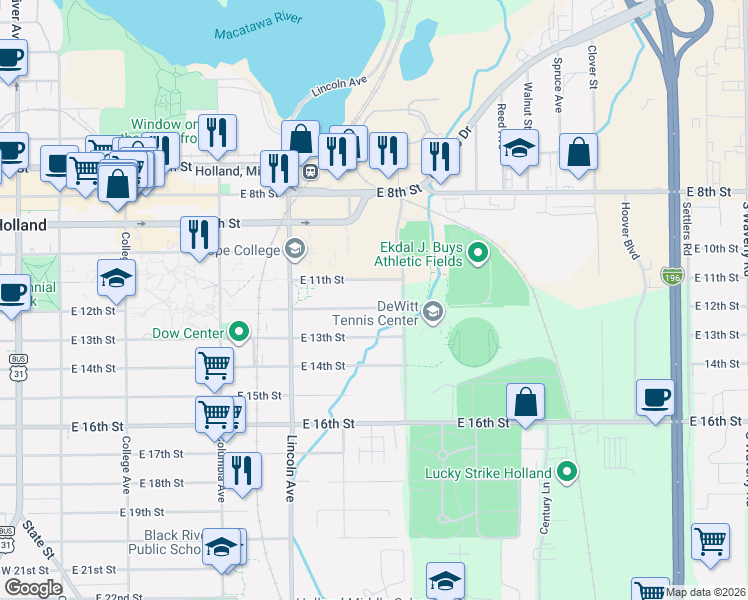 map of restaurants, bars, coffee shops, grocery stores, and more near 288 East 11th Street in Holland