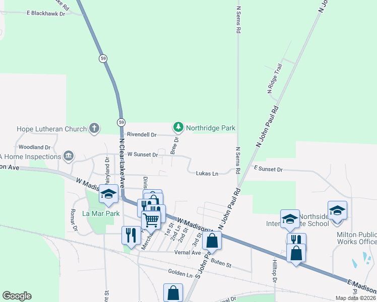 map of restaurants, bars, coffee shops, grocery stores, and more near 382 West Sunset Drive in Milton