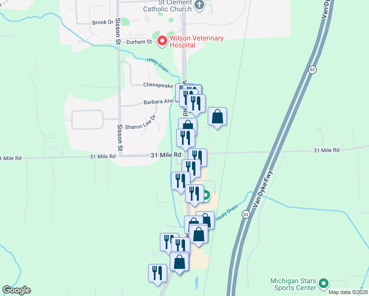 map of restaurants, bars, coffee shops, grocery stores, and more near 67140 Van Dyke Avenue in Washington