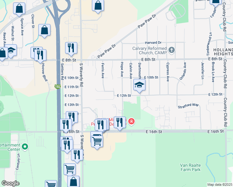 map of restaurants, bars, coffee shops, grocery stores, and more near 271 East Meadow Court in Holland