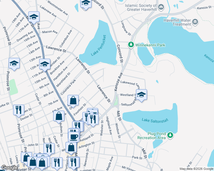 map of restaurants, bars, coffee shops, grocery stores, and more near 120 Fountain Street in Haverhill