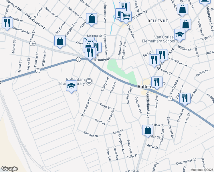 map of restaurants, bars, coffee shops, grocery stores, and more near 1009 Trinity Avenue in Rotterdam