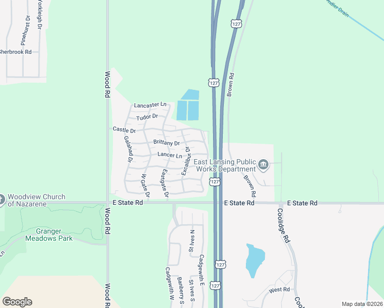 map of restaurants, bars, coffee shops, grocery stores, and more near 524-530 Excalibur Drive in Lansing