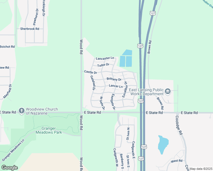 map of restaurants, bars, coffee shops, grocery stores, and more near 200-298 Brittany Drive in Lansing