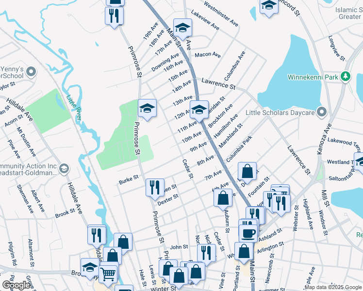 map of restaurants, bars, coffee shops, grocery stores, and more near 31 10th Avenue in Haverhill