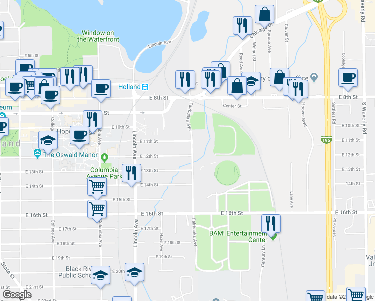 map of restaurants, bars, coffee shops, grocery stores, and more near 268 Fairbanks Avenue in Holland
