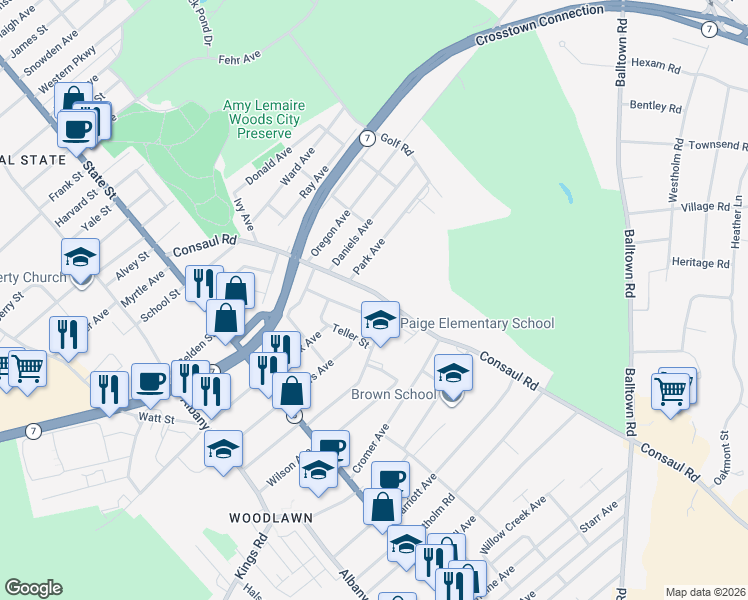 map of restaurants, bars, coffee shops, grocery stores, and more near 2577 Consaul Road in Schenectady