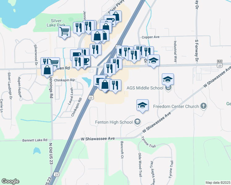 map of restaurants, bars, coffee shops, grocery stores, and more near 3255 Owen Road in Fenton