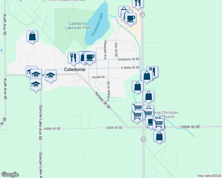map of restaurants, bars, coffee shops, grocery stores, and more near 221 South Maple Street Southeast in Caledonia