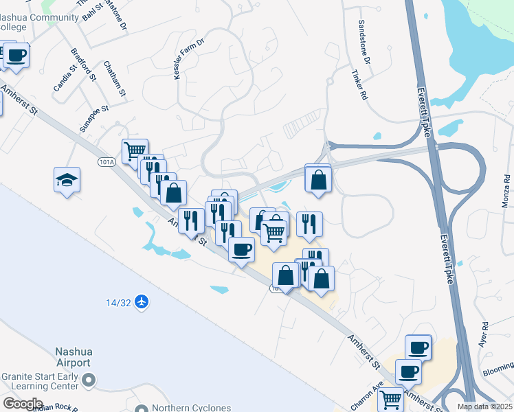 map of restaurants, bars, coffee shops, grocery stores, and more near 1 Trafalgar Square in Nashua