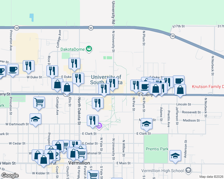 map of restaurants, bars, coffee shops, grocery stores, and more near 724 North University Street in Vermillion