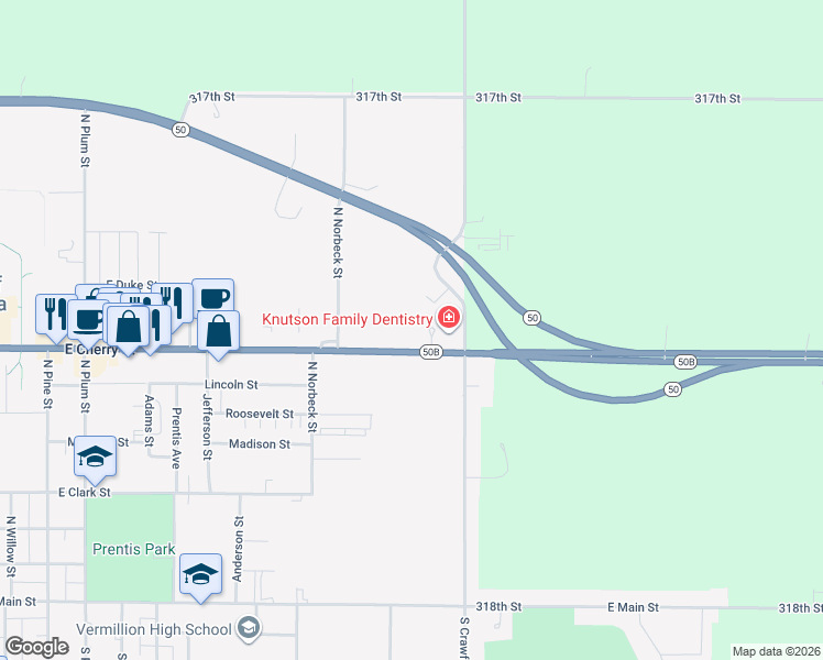 map of restaurants, bars, coffee shops, grocery stores, and more near 1604 East Cherry Street in Vermillion