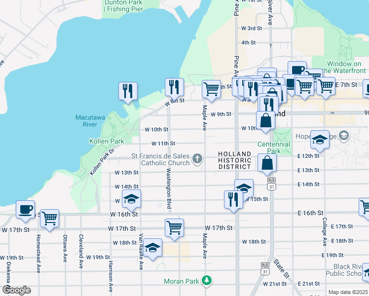 map of restaurants, bars, coffee shops, grocery stores, and more near 204 West 11th Street in Holland