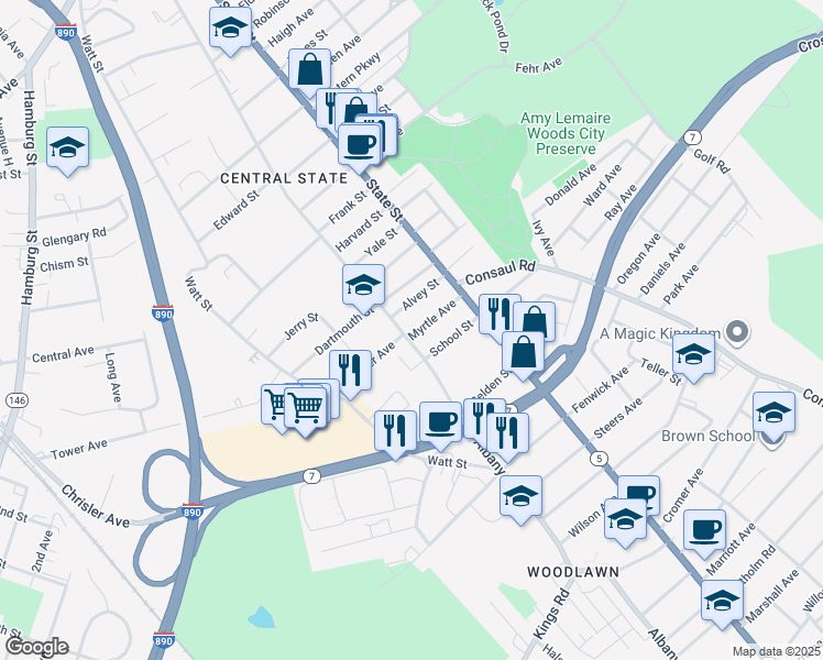 map of restaurants, bars, coffee shops, grocery stores, and more near 27 Alvey Street in Schenectady
