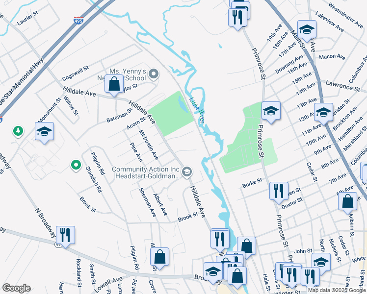map of restaurants, bars, coffee shops, grocery stores, and more near 12 Greenhill Farm Road in Haverhill