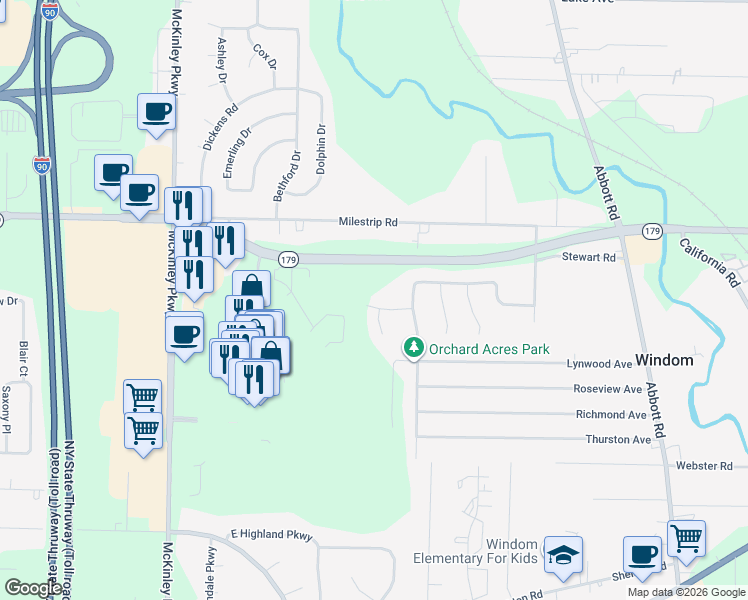 map of restaurants, bars, coffee shops, grocery stores, and more near 4802 Jacks Trail in Buffalo